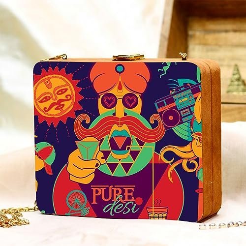 Desi Pop Vibes Handcrafted Suitcase Clutch with Chain