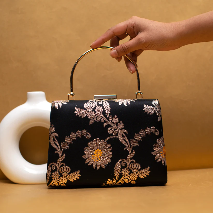 Black & Silver Brocade Party Clutch