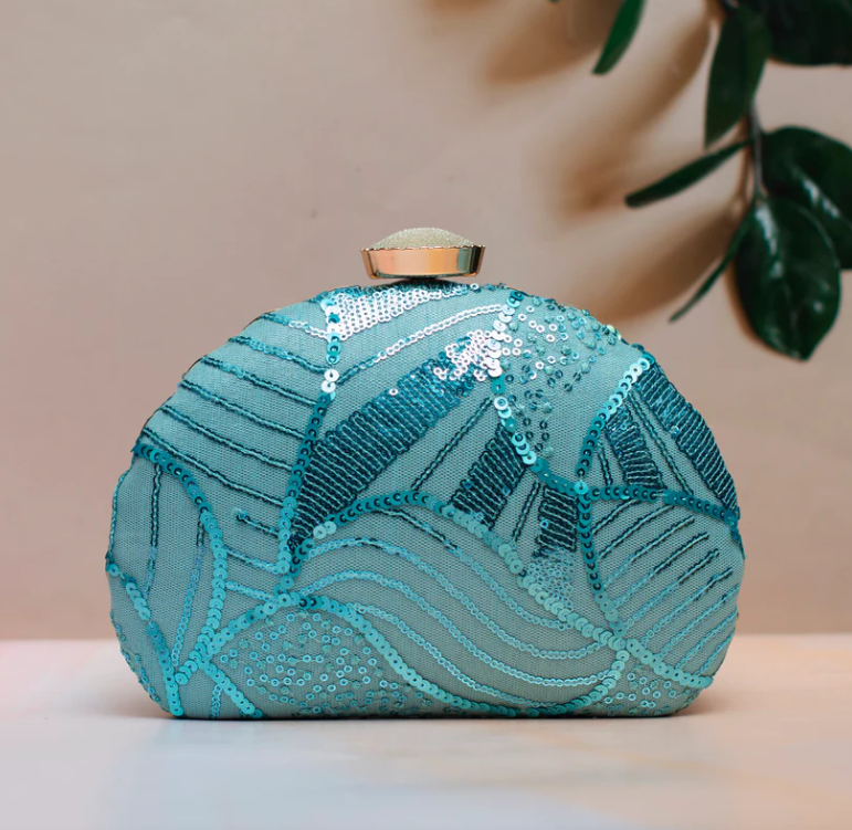 Blue Leaf Embellished Minaudiere Party Clutch