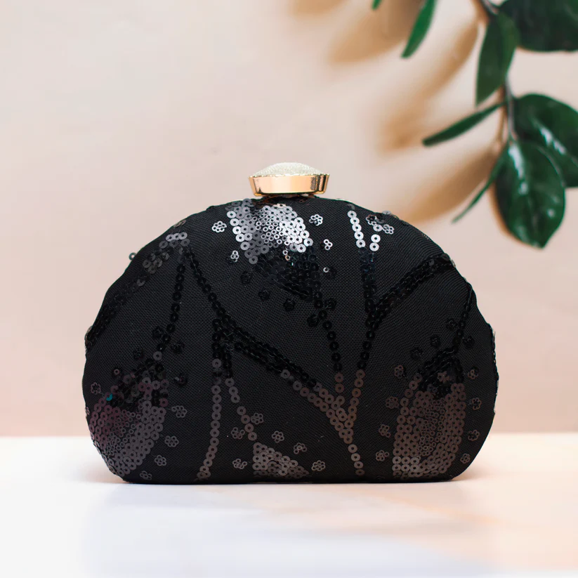 Black Leaf Embellished Minaudiere Party Clutch
