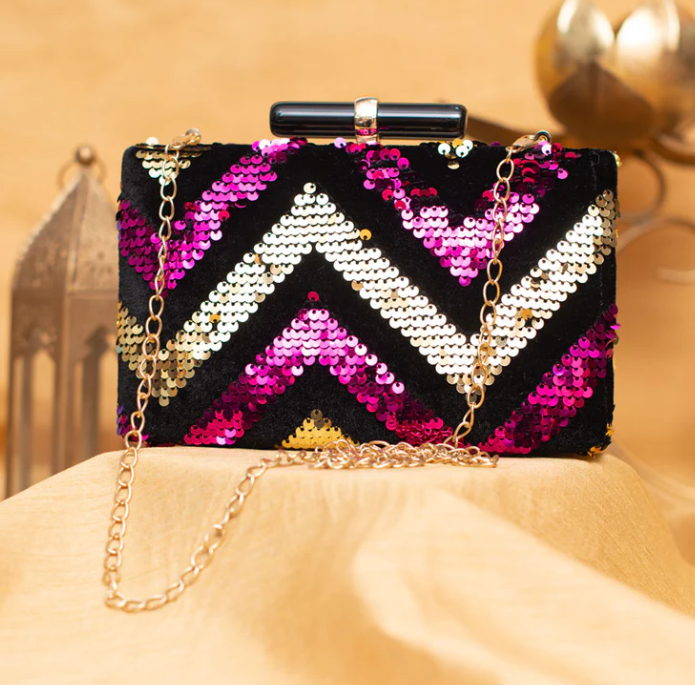 Pink & Golden Velvet Embellished Minaudiere Party Clutch