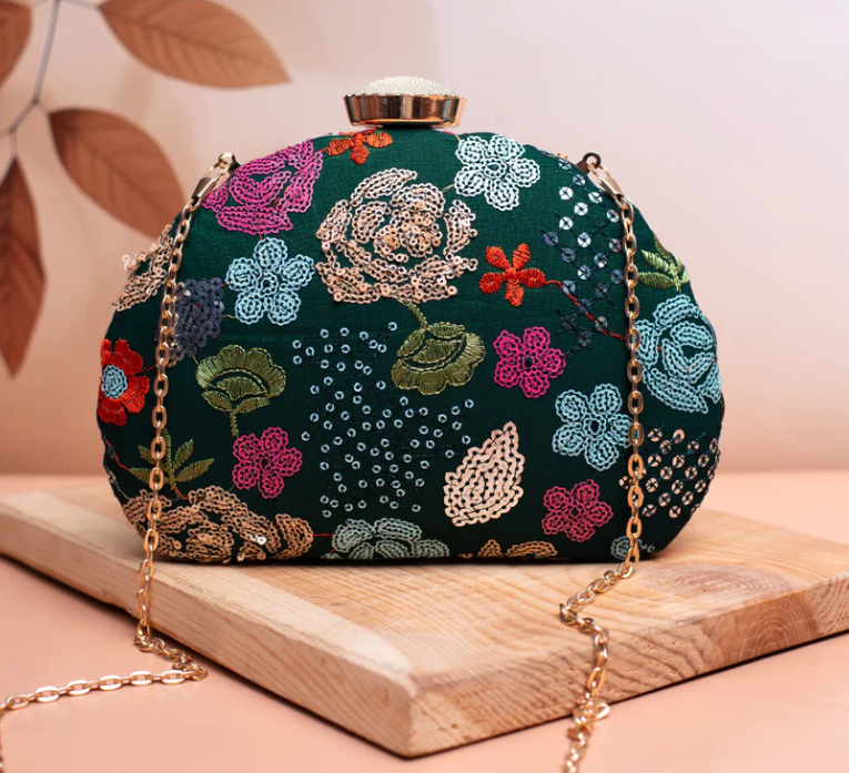 Green Embellished Embroidered Minaudiere Party Clutch