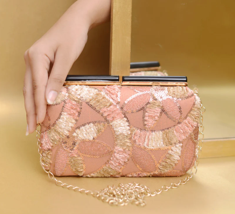 Peach Embellished Minaudiere Party Clutch