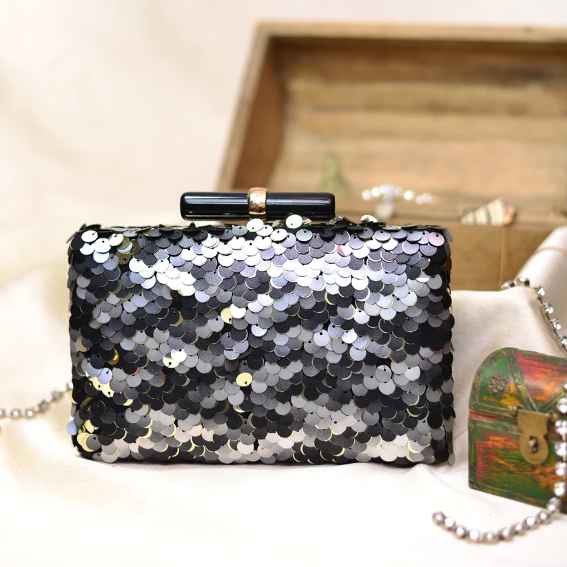 Grey Black Embellished Minaudiere Party Clutch