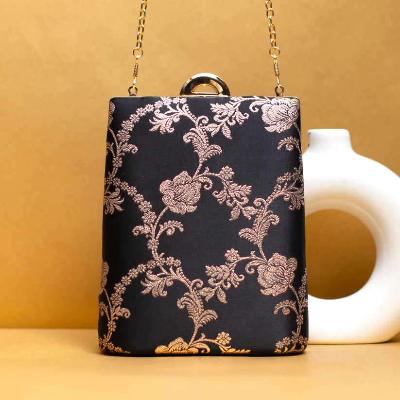 Black Brocade Vertical Party Clutch