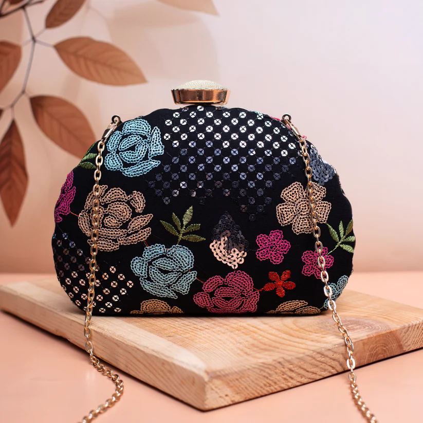 Multicolored Black Embellished Embroidery Minaudiere Party Clutch