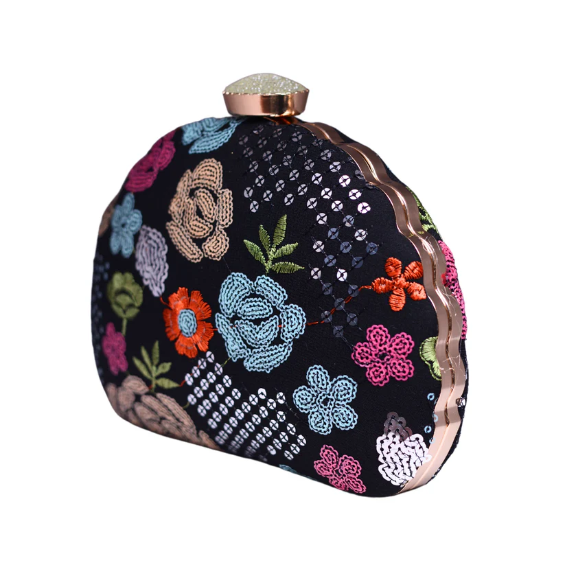 Multicolored Black Embellished Embroidery Minaudiere Party Clutch view 3