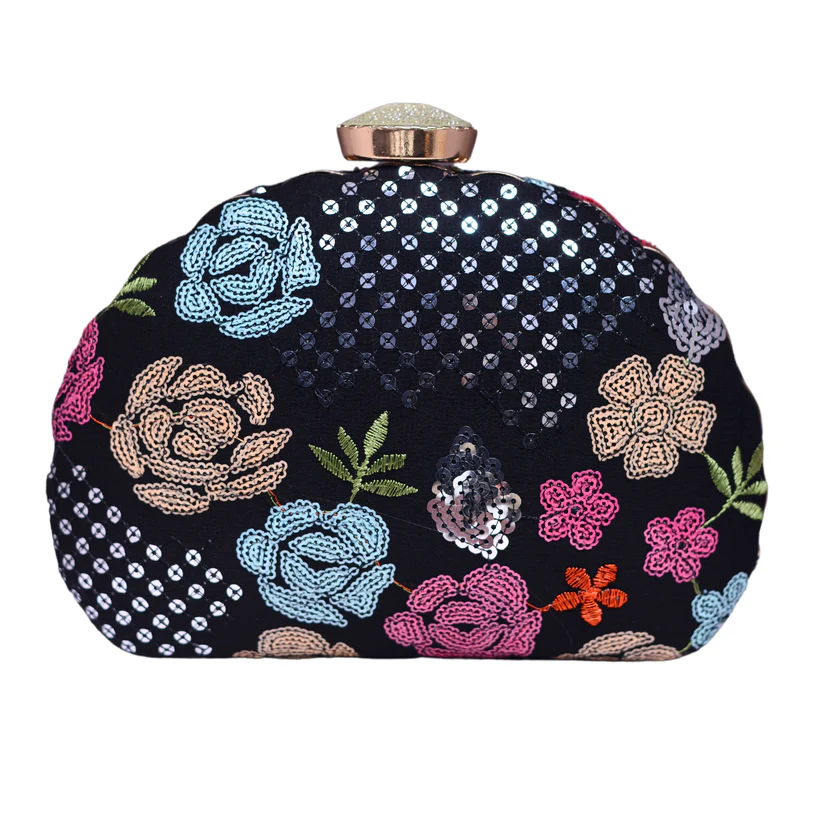 Multicolored Black Embellished Embroidery Minaudiere Party Clutch view 4