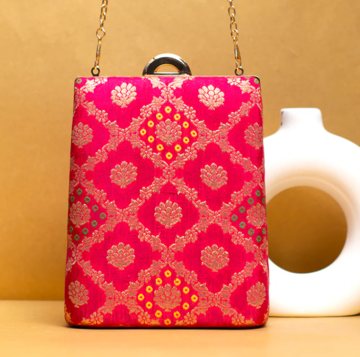 Pink Brocade Vertical Party Clutch
