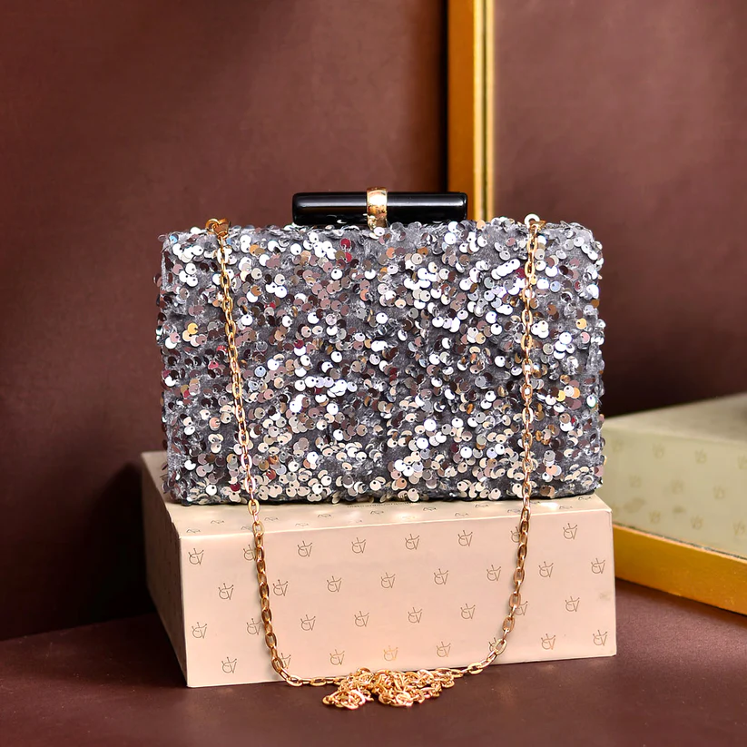 Grey Embellished Minaudiere Party Clutch