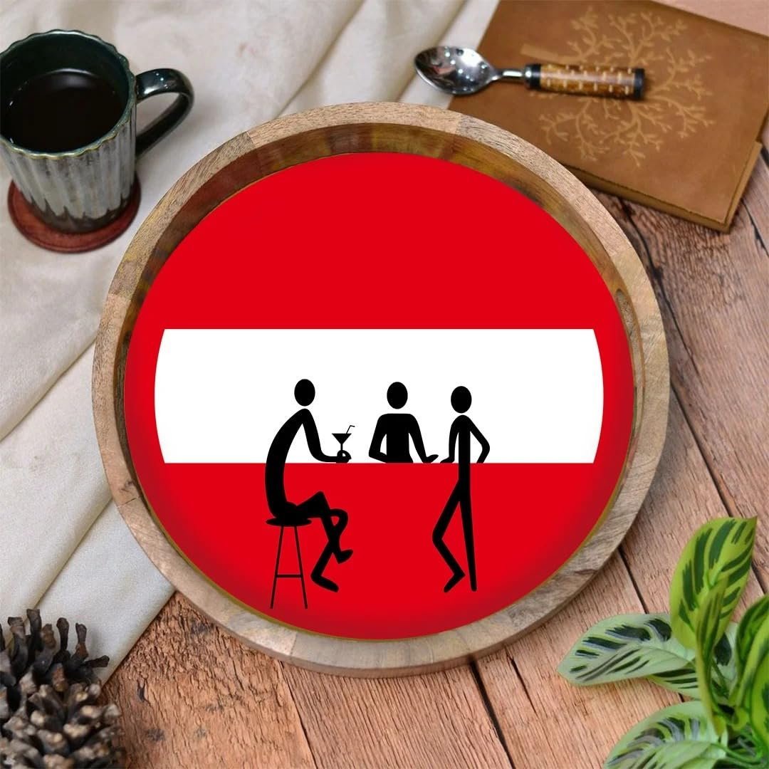 Red & White Bar Round Wooden Tray
