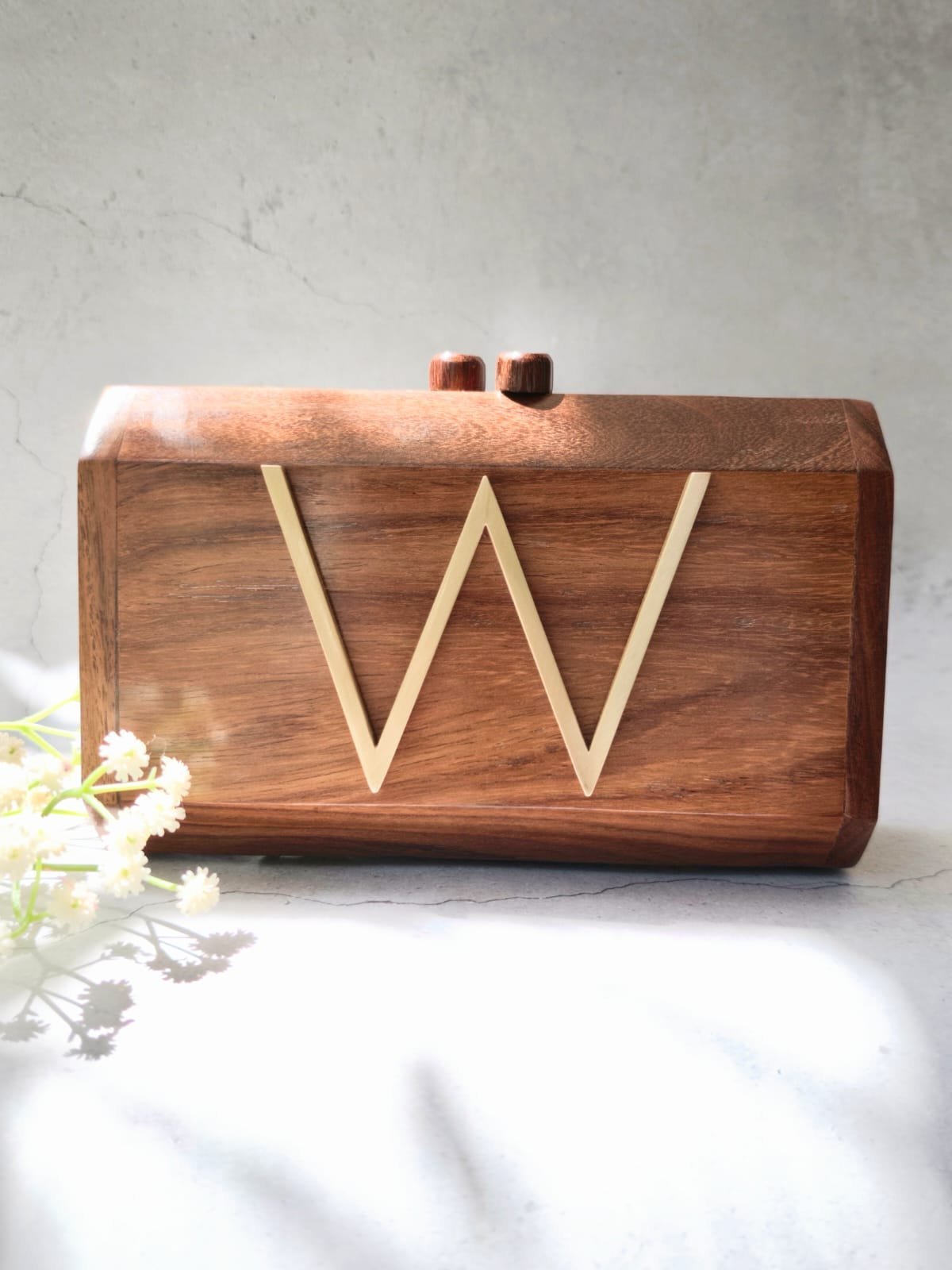 W Monogram Wooden Clutch