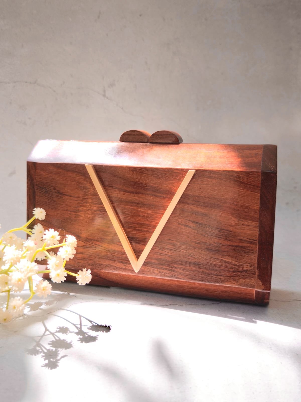 V Monogram Wooden Clutch
