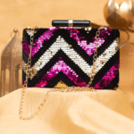 Pink & Golden Velvet Embellished Minaudiere Party Clutch